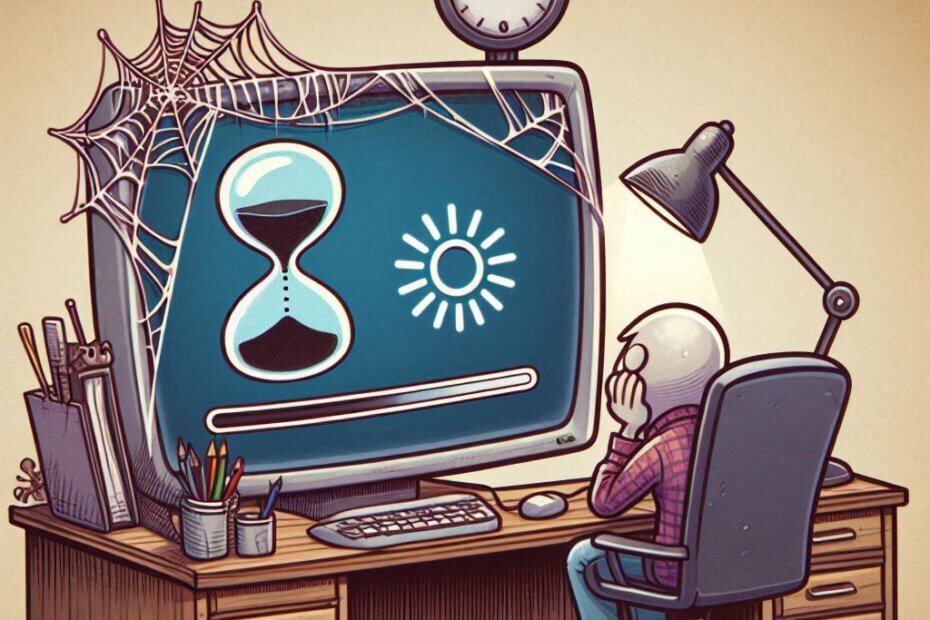 Person sitzt vor einem alten Computer oder Laptop, auf dem Bildschirm eine drehende Sanduhr (Ladesymbol), Person wirkt gelangweilt, Spinnweben am Arm, humorvolle Szene, Schreibtisch, leicht übertrieben im Cartoon-Stil, klarer Fokus auf das Warten und die Frustration